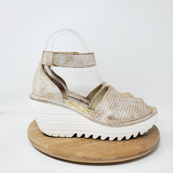 Fly London Wedge Sandals Womens 36 Yake Silver Leather Platform Peep Toe Shoes - Picture 1 of 14